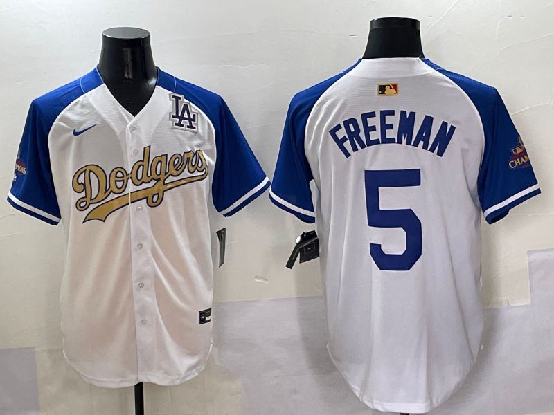 Men Los Angeles Dodgers #5 Freeman White Blue Champion gold character Nike 2025 MLB Jersey style 5058->los angeles dodgers->MLB Jersey